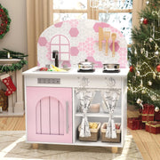 Kids Wooden Play Kitchen w/ Real Sound Stove Pink Toy Set