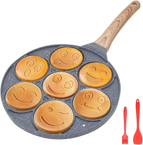 Smiley Face Pancake Pan 26cm Non Stick 7 Hole Mini Pancake Maker Induction Black