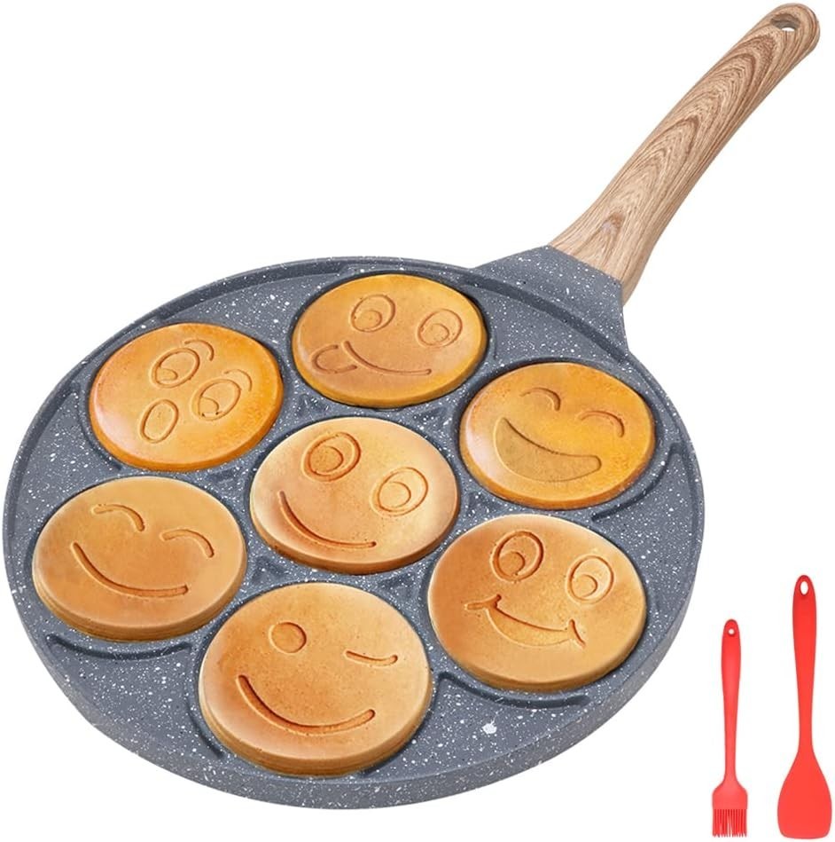 Smiley Face Pancake Pan 26cm Non Stick 7 Hole Mini Pancake Maker Induction Black