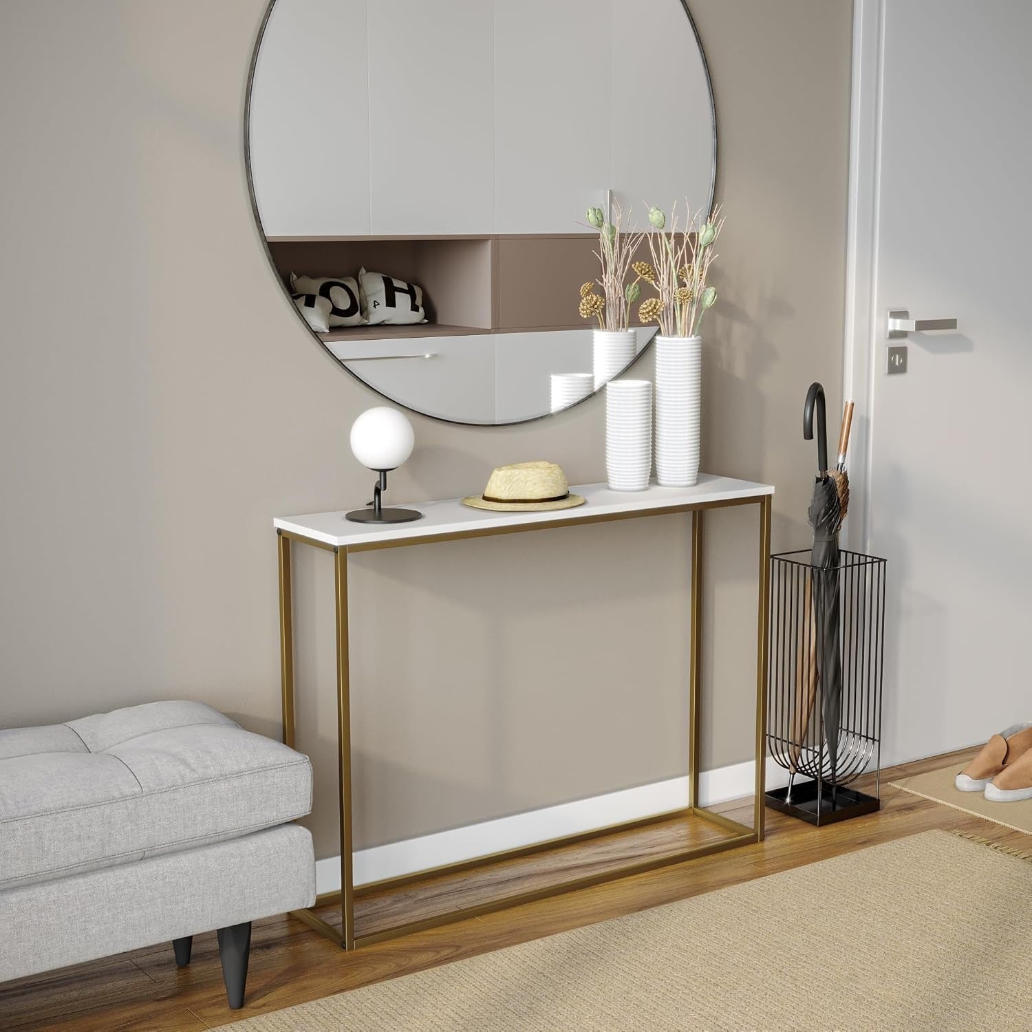 Modern Wooden Hallway Console Table with Gold Metal Legs, 24x100.5x75.5cm