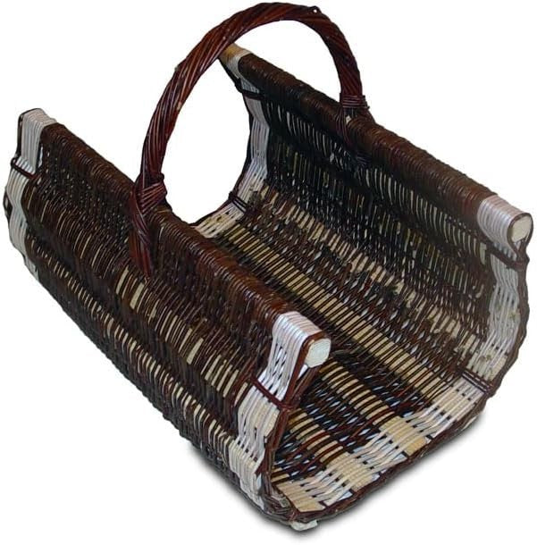 Wicker Log Basket with Handle for Indoor Wood Storage, Rustic Fireplace Holder