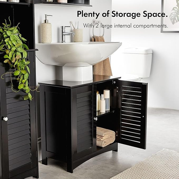 Black Under Sink Bathroom Cabinet 60cm Vanity Unit with Shelves Shutter Doors