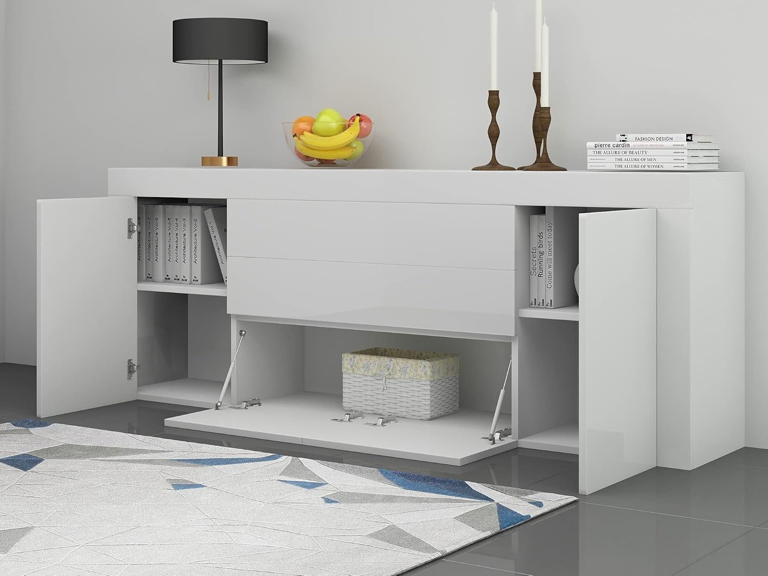 Modern White Sideboard 200cm Gloss Cabinet Unit Storage Drawers Doors
