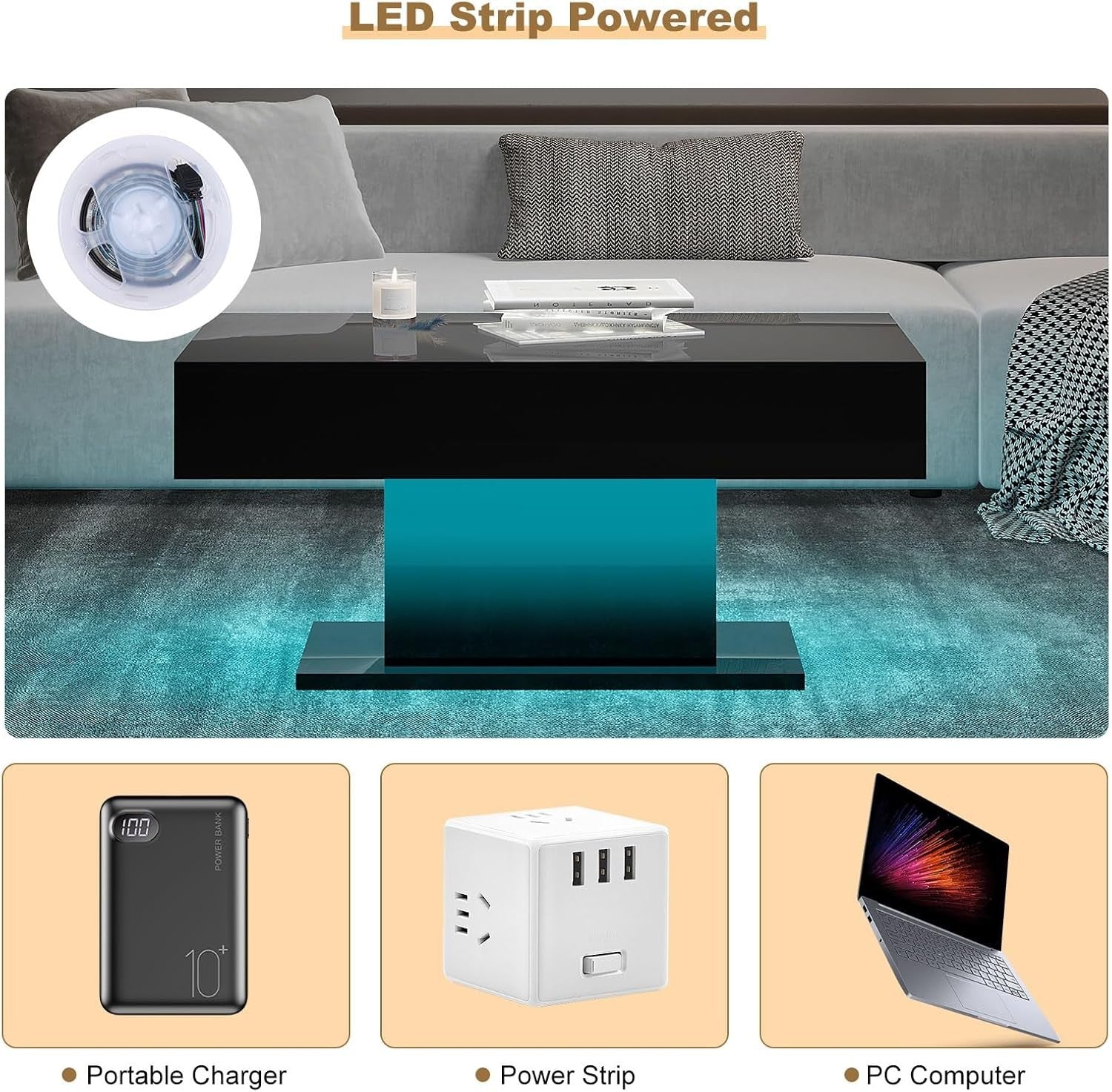 Modern Black LED Coffee Table, High Gloss Rectangular 110x55cm