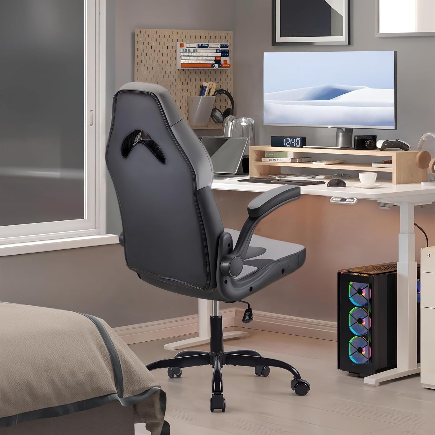 Ergonomic Grey Gaming Chair Office PC Desk Chair Adjustable Height Lumbar PU Lea