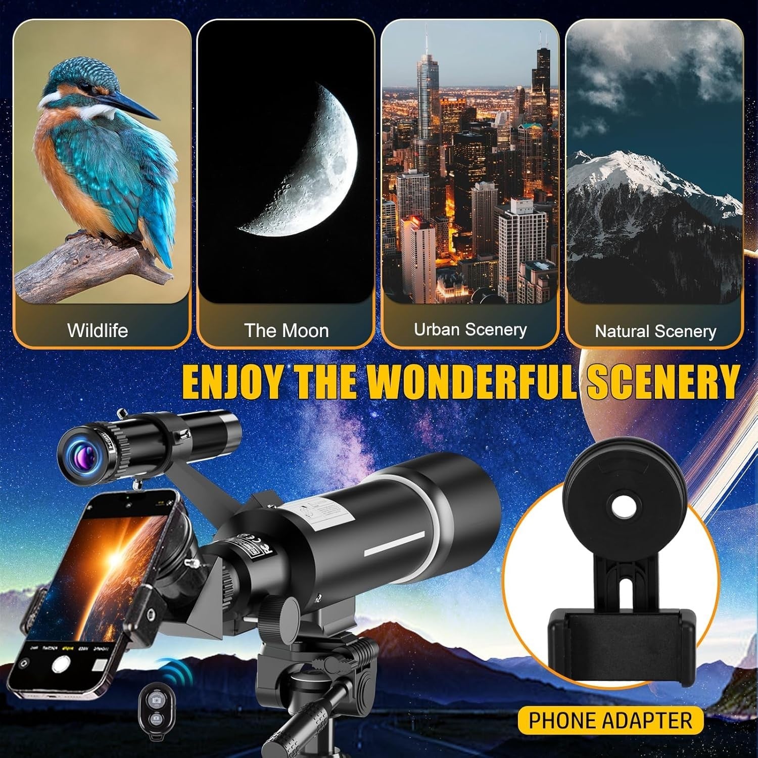 70mm 500mm Kids Beginner Refractor Telescope w/ Tripod Phone Adapter Bag