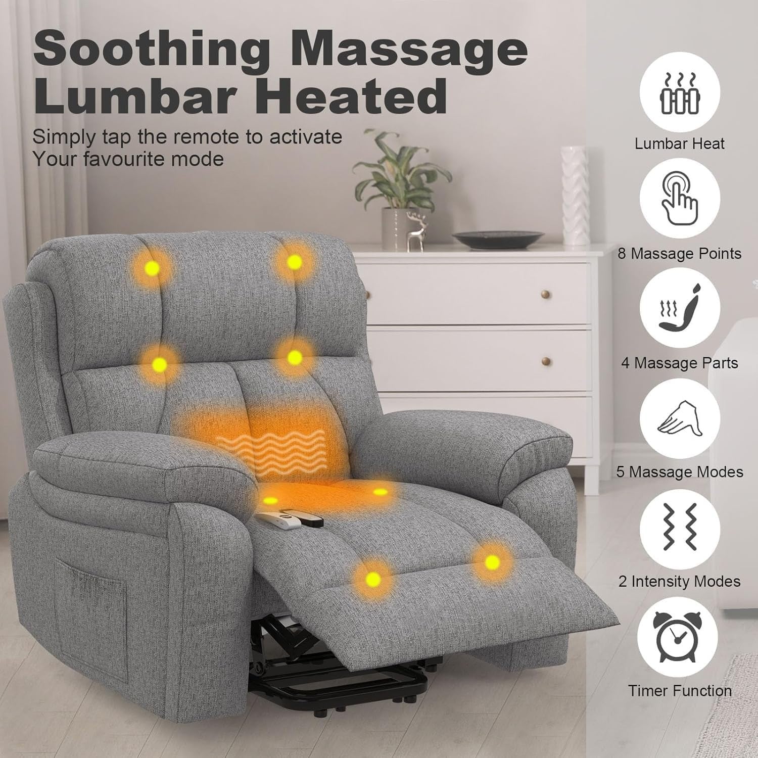 Power Lift Recliner Chair Oversized Massage Heat USB Type-C Footrest Dark Grey