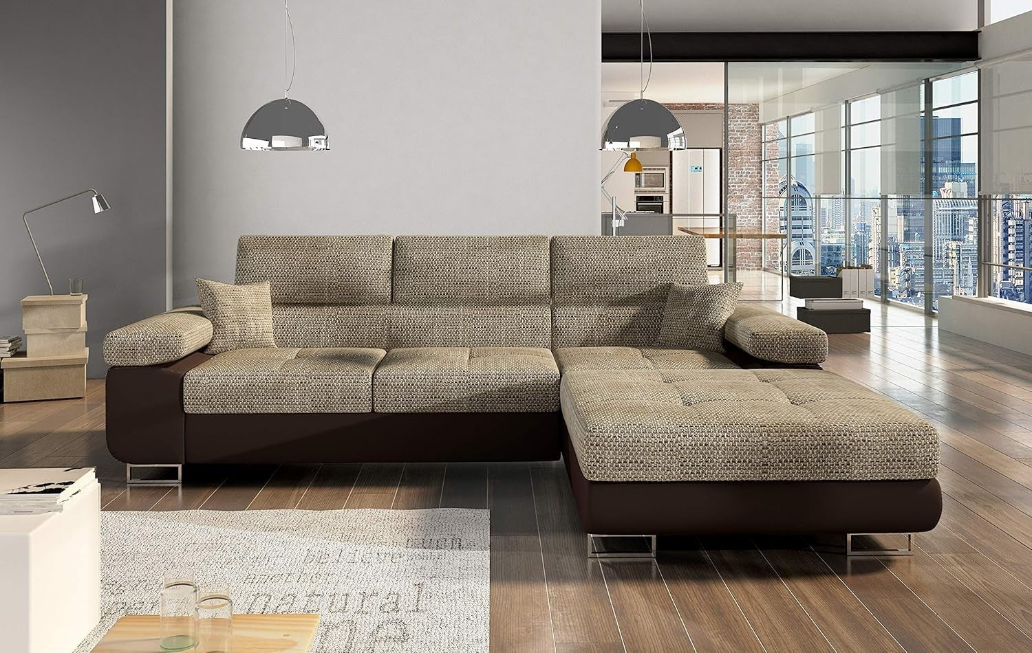 3-Seater L-Shape Corner Sofa Bed – Microfiber, Modern Beige & Brown Design