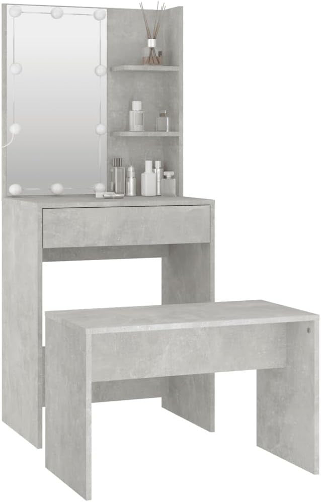 Dressing Table Set Vanity Makeup Desk Mirror Lights Storage Grey Modern Home