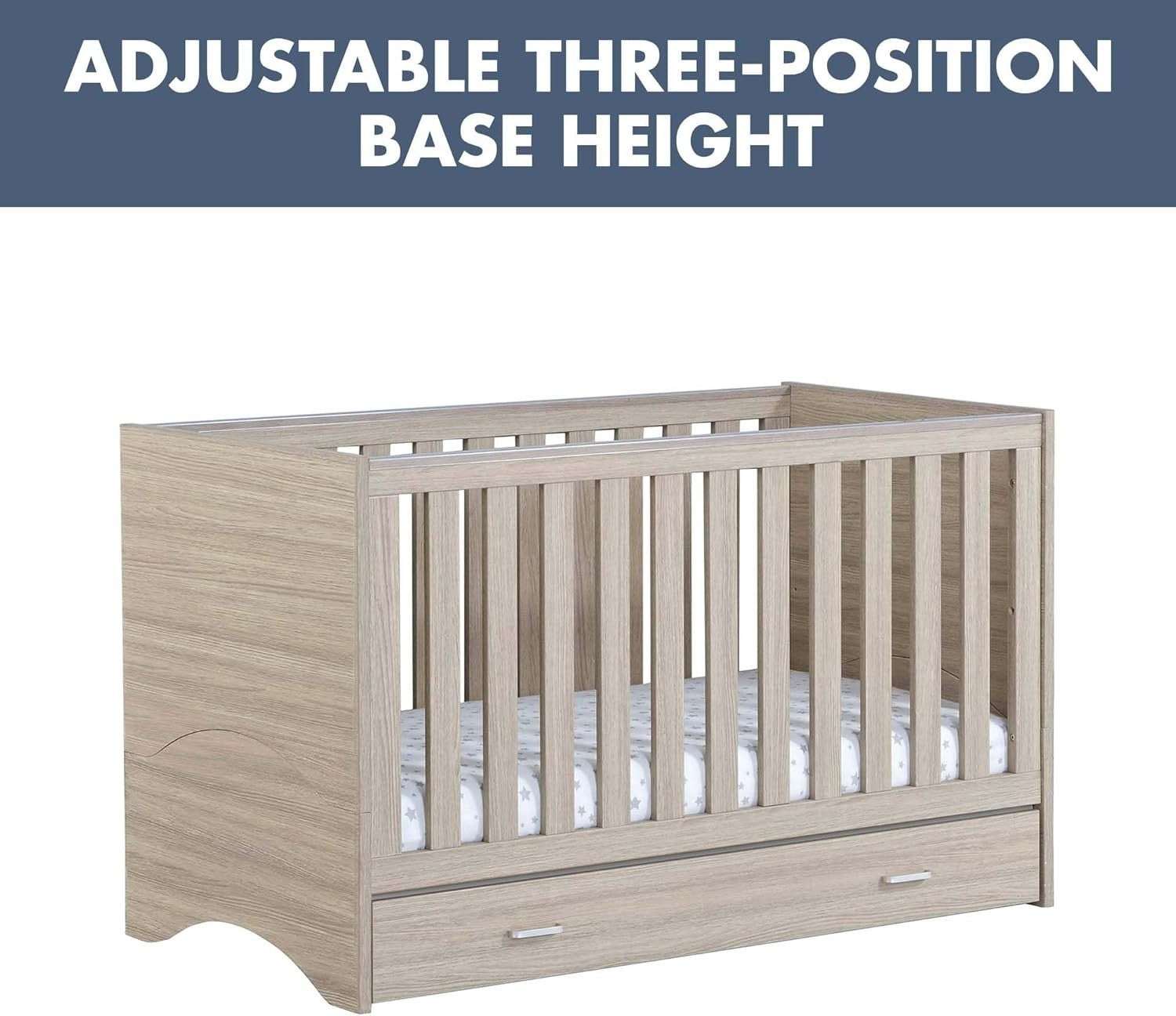 Convertible Baby Cot Bed with Drawer Toddler Bed Adjustable Mattress Height Oak
