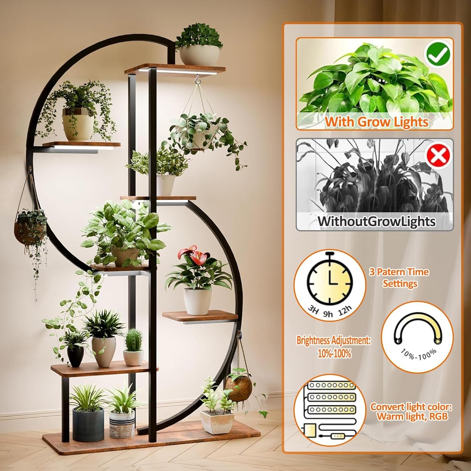 7 Tier Metal Plant Stand S Shape Tall Indoor Outdoor Flower Shelf with Lights