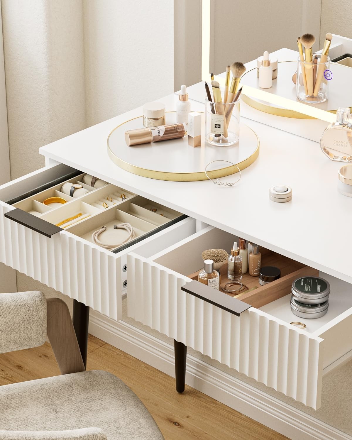 Vanity Dressing Table with LED Light Mirror Makeup Desk 2 Drawers Gold Accents