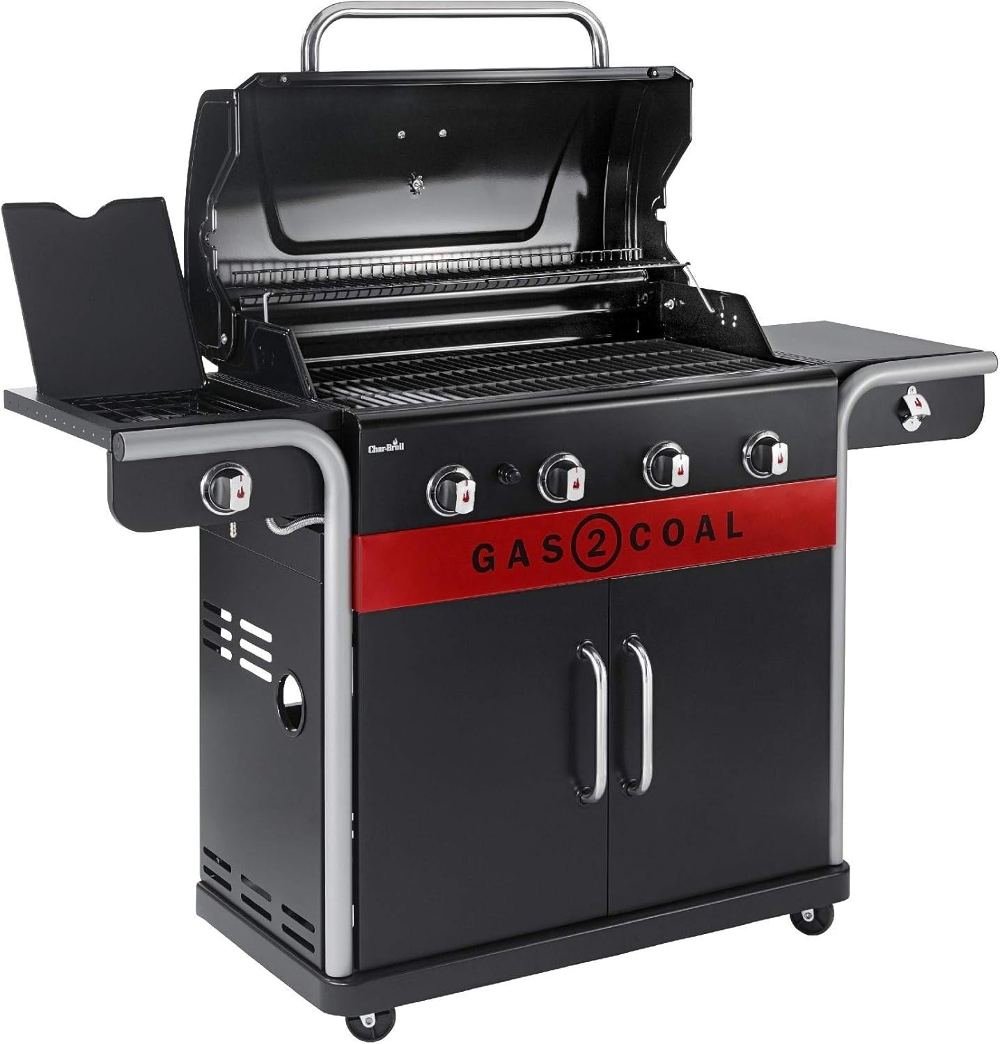 4 Burner Hybrid Gas Charcoal BBQ Grill Outdoor Family Barbecue with Side Shelves