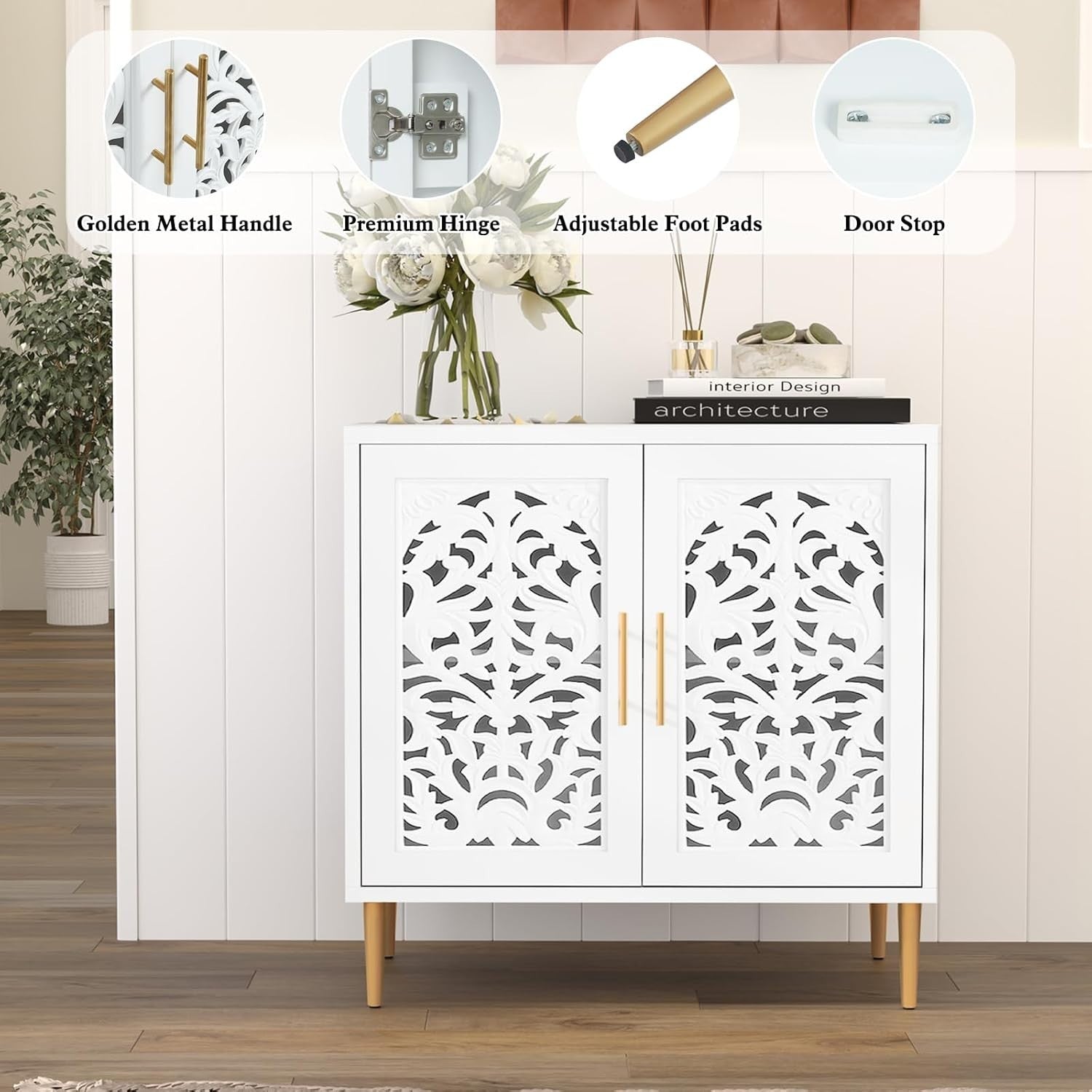White Vintage Sideboard Cabinet 2 Door Carved Storage Unit Hallway Accent