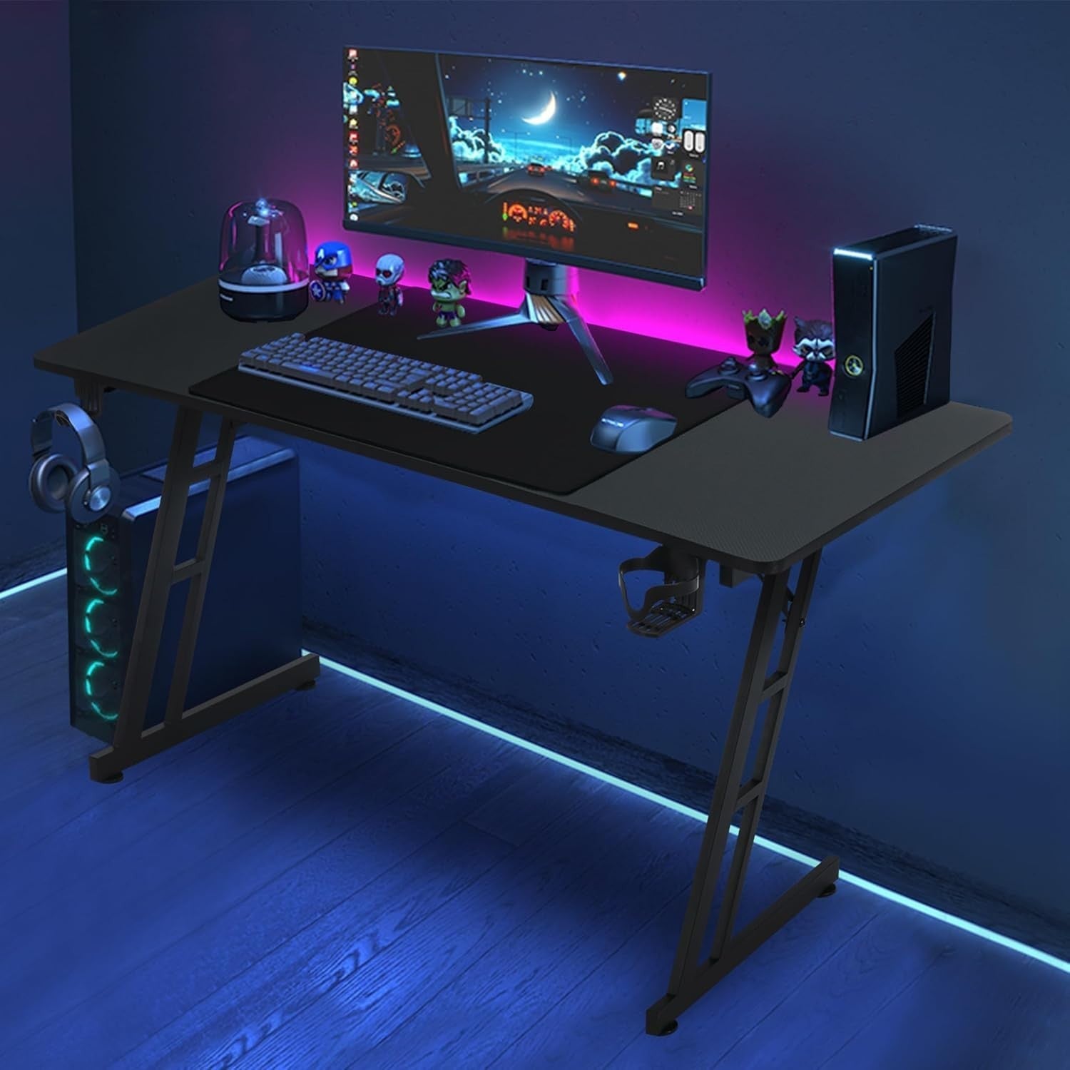 Gaming Desk w/LED, 160×60cm Carbon Fiber Computer Table, Black Z-Frame