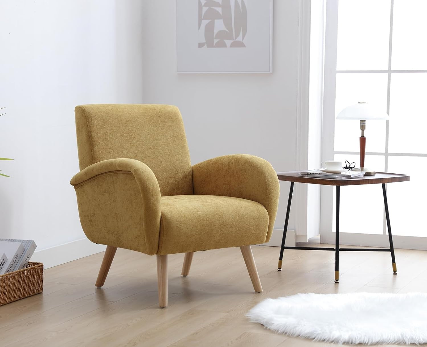 Yellow Chenille Accent Tub Chair Wooden Legs Modern Armchair