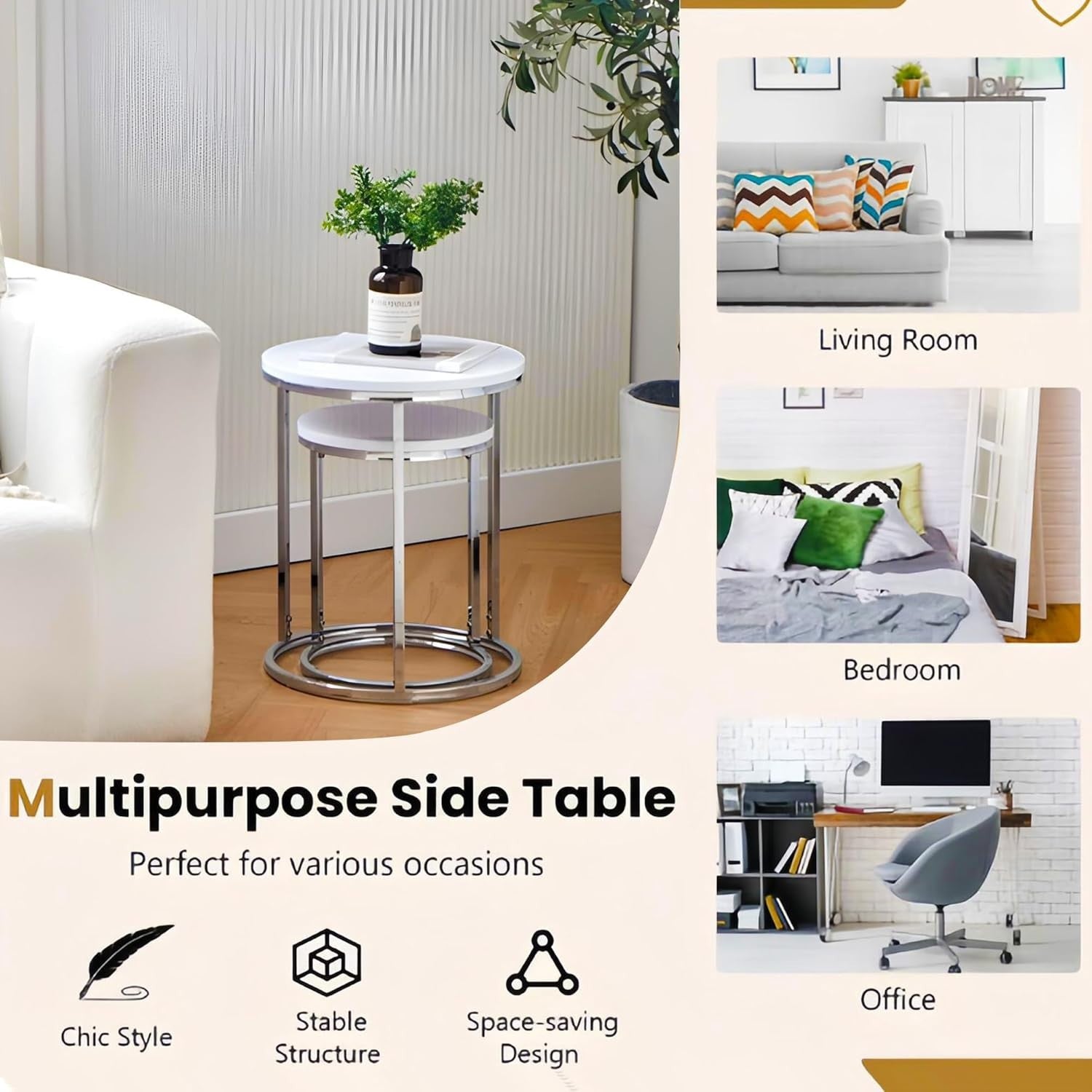 Space Saving White Nesting Side End Tables Set of 2 Chrome Legs Living Room