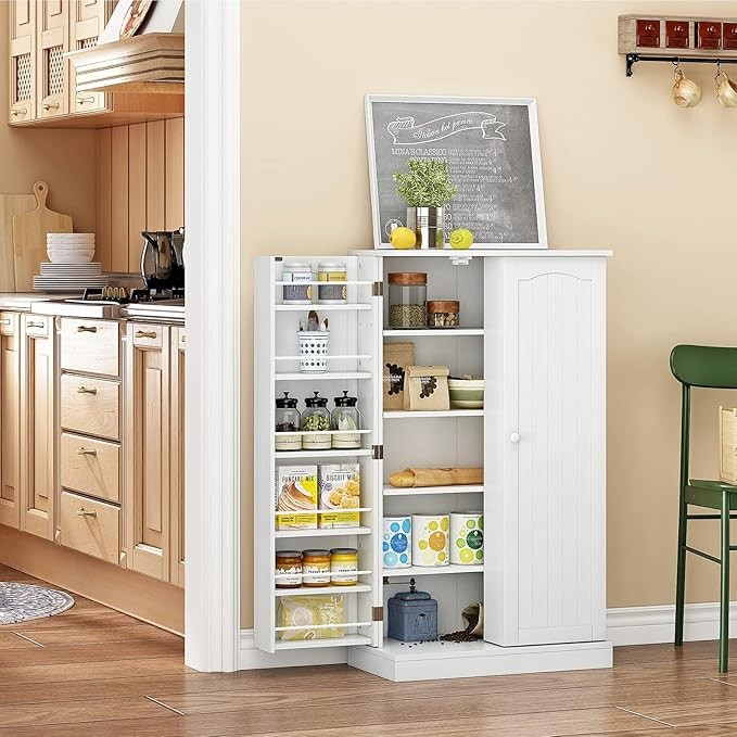 Tall White Kitchen Pantry Cabinet with 6 Adjustable Shelves & Doors – Space
