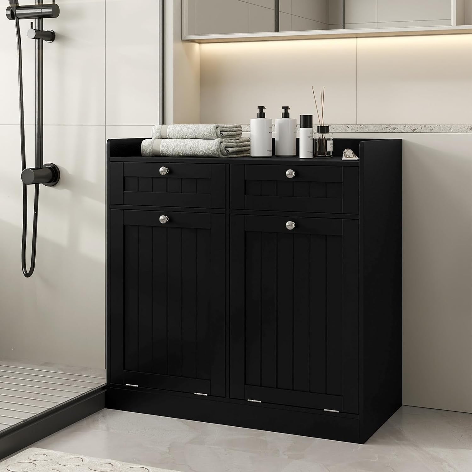 Black Tilt-Out Laundry Cabinet 2 Drawers 2 Hampers Modern Bathroom Storage Unit