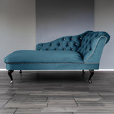Teal Velvet Chaise Lounge Sofa | Tufted Right-Hand Accent Chair UK Made