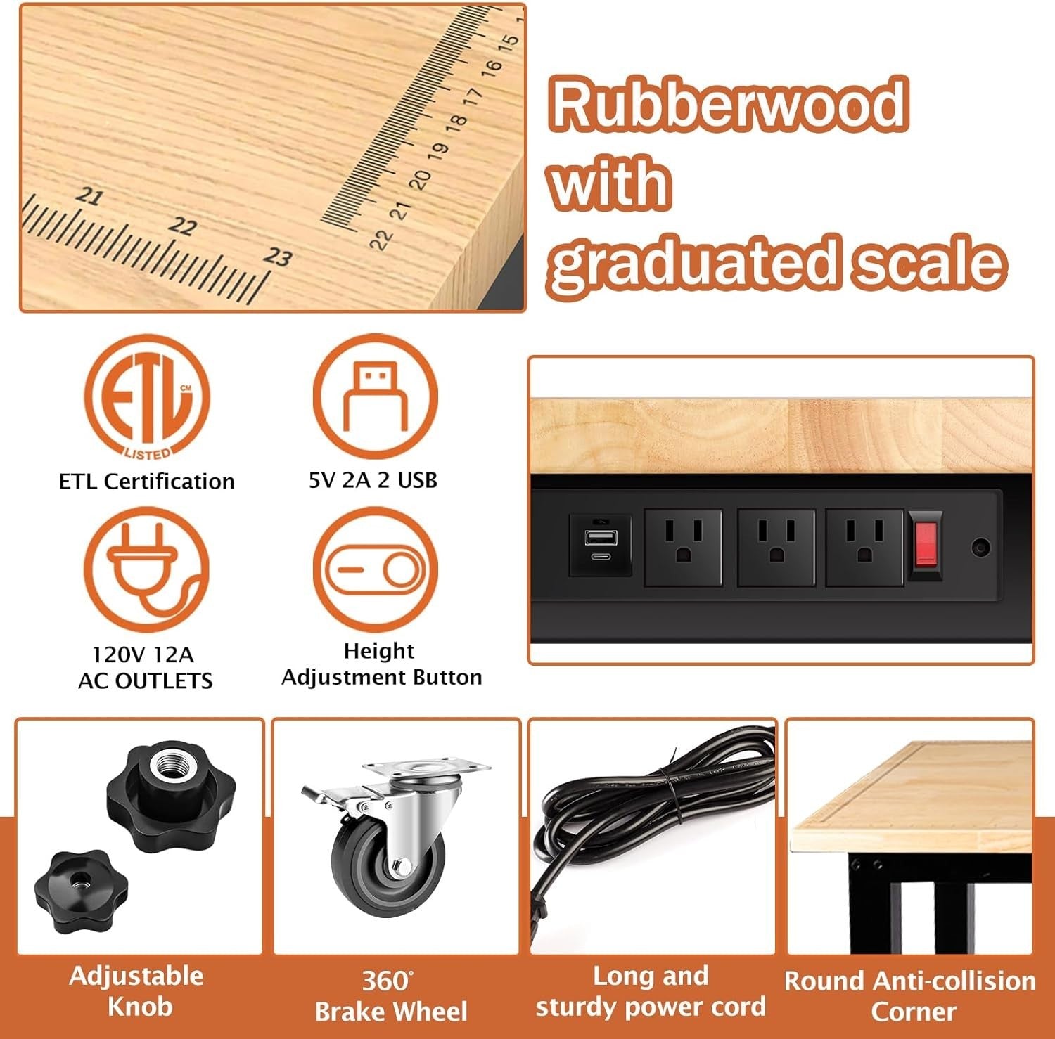 Adjustable Workbench 120cm Heavy Duty 900kg Load with Wheels Power Outlet