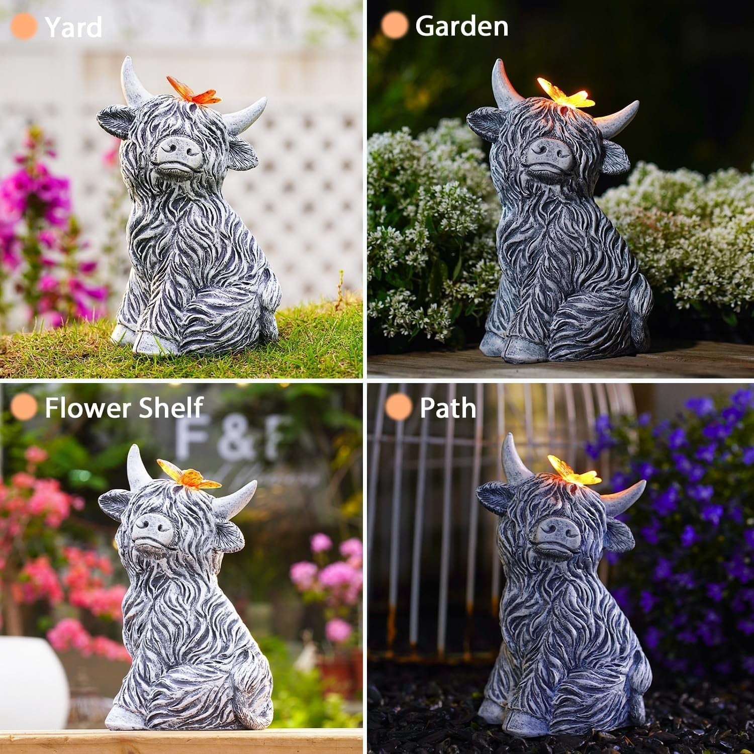 Solar Highland Cow Garden Ornament Grey Resin Statue with Butterfly Light Decor