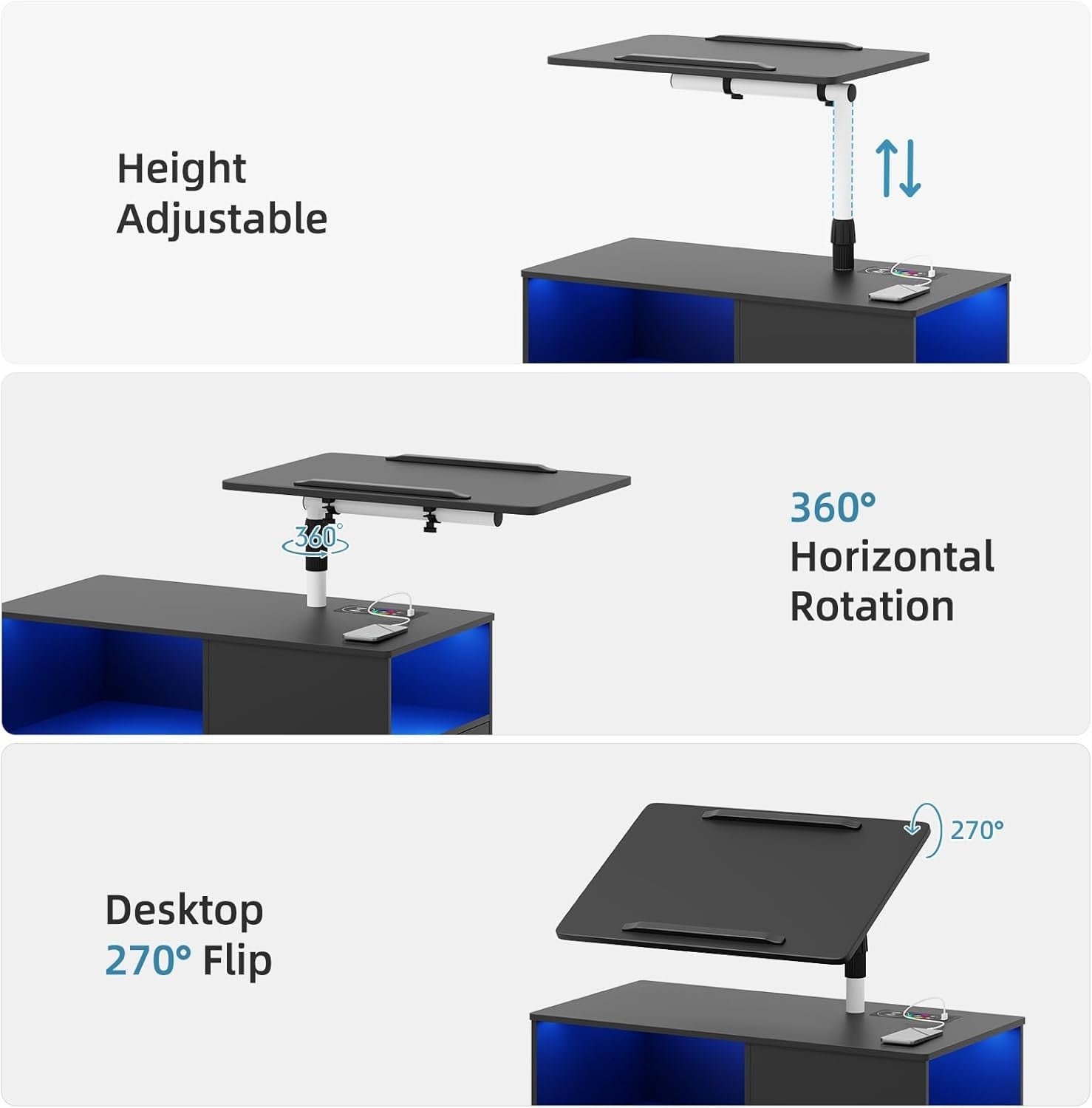 360° LED Smart Bedside Table with Laptop Tray, Wireless Charging & Storage