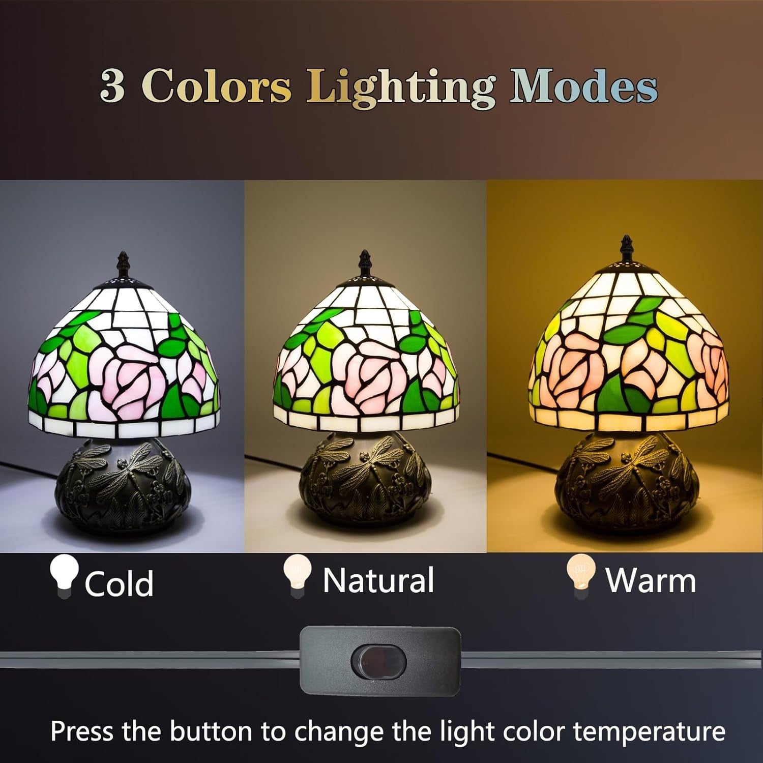 Stained Glass Desk Lamp 8x8x11in 3 Color Temps Pink Rose Resin Base