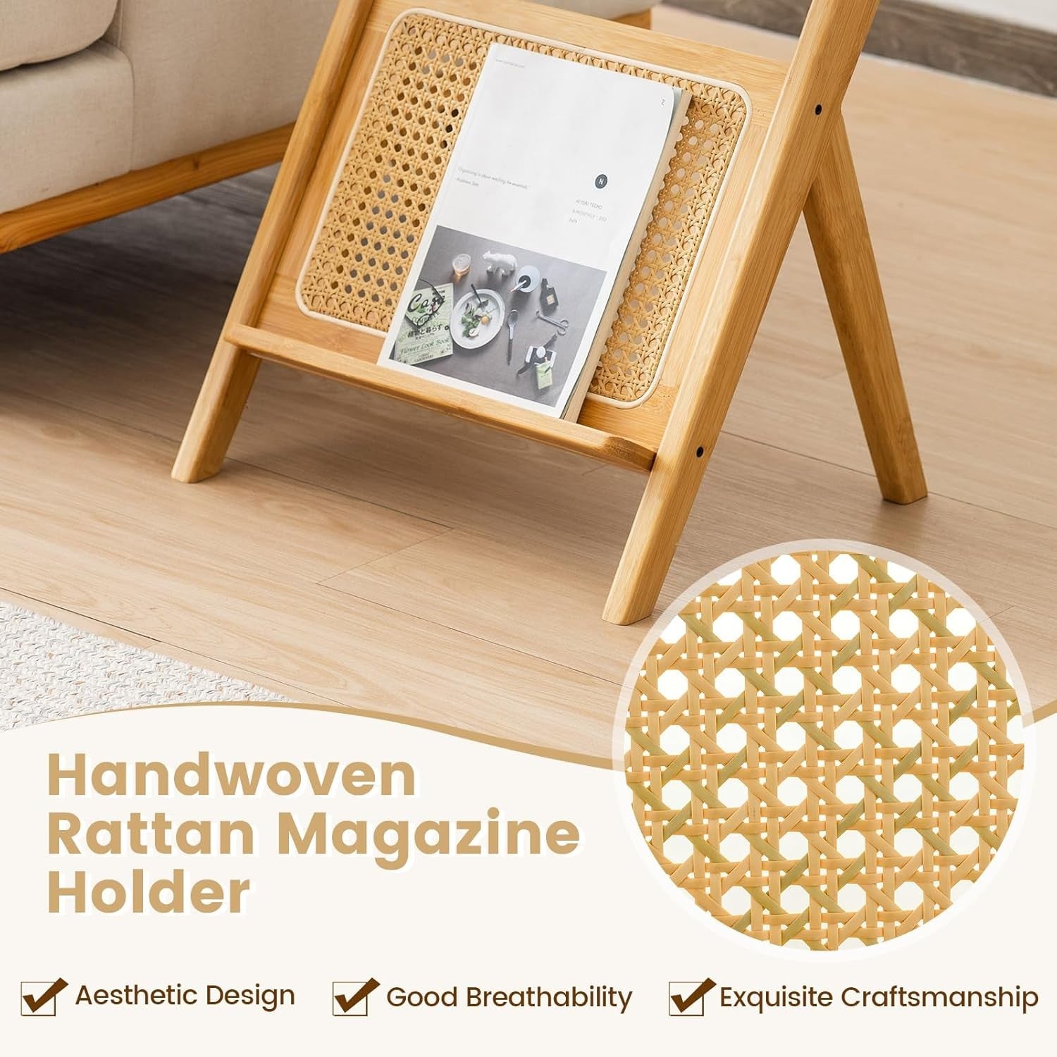 Slim Bamboo Side Table with Glass Top & Magazine Rack | 2-Tier Bedside Sofa Tabl