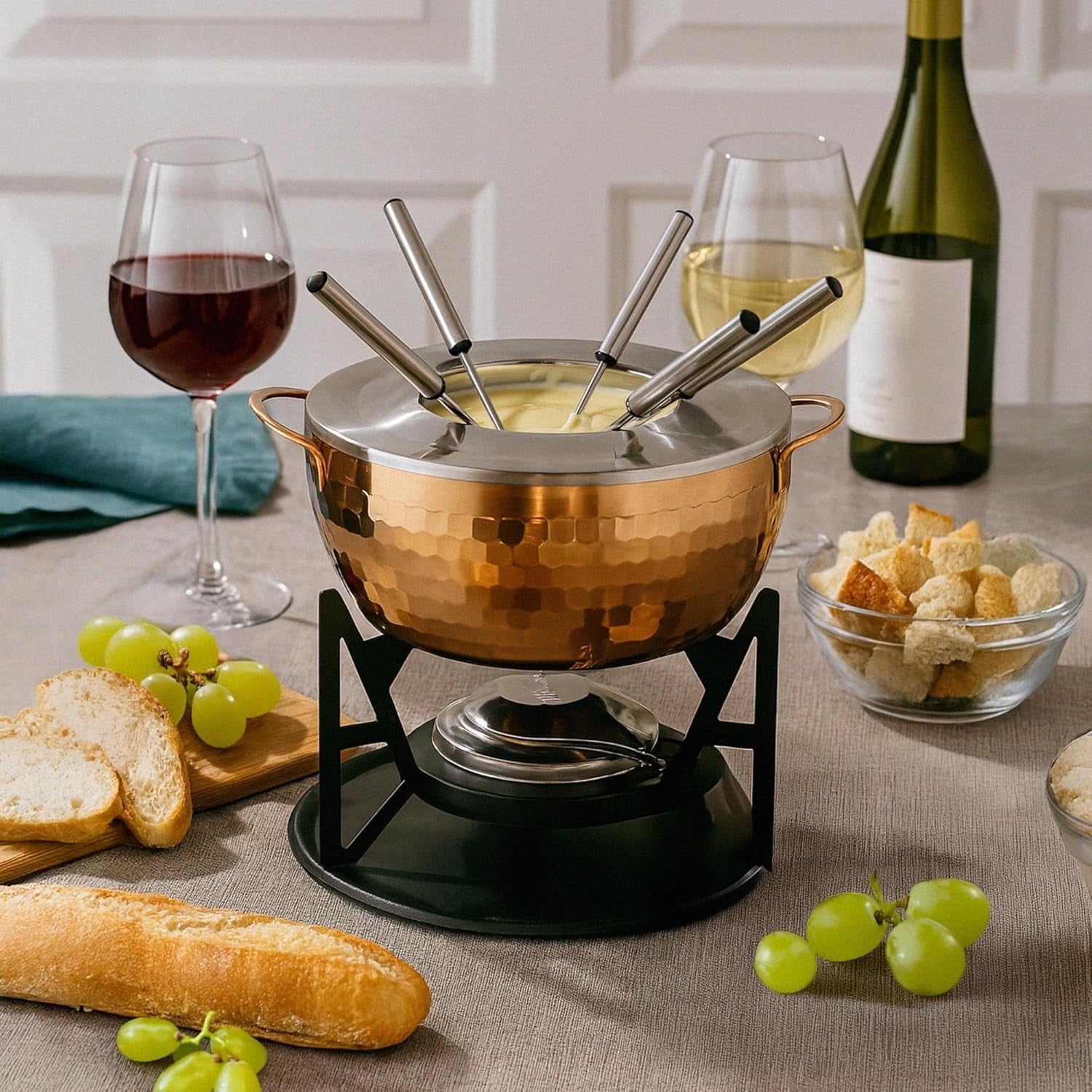 Stainless Steel Fondue Set 6 Fork Cheese Chocolate Pot Gold Burner