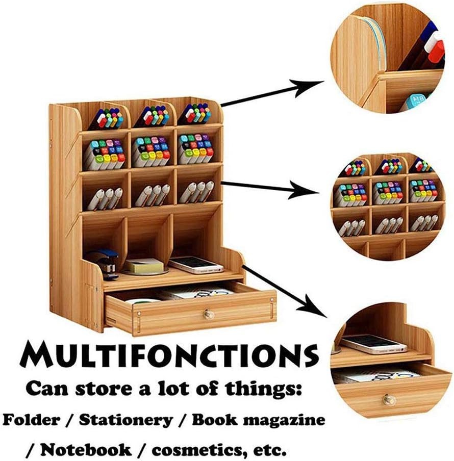 Wooden Desk Organizer Desktop Shelves with Drawer Pen Holder Office