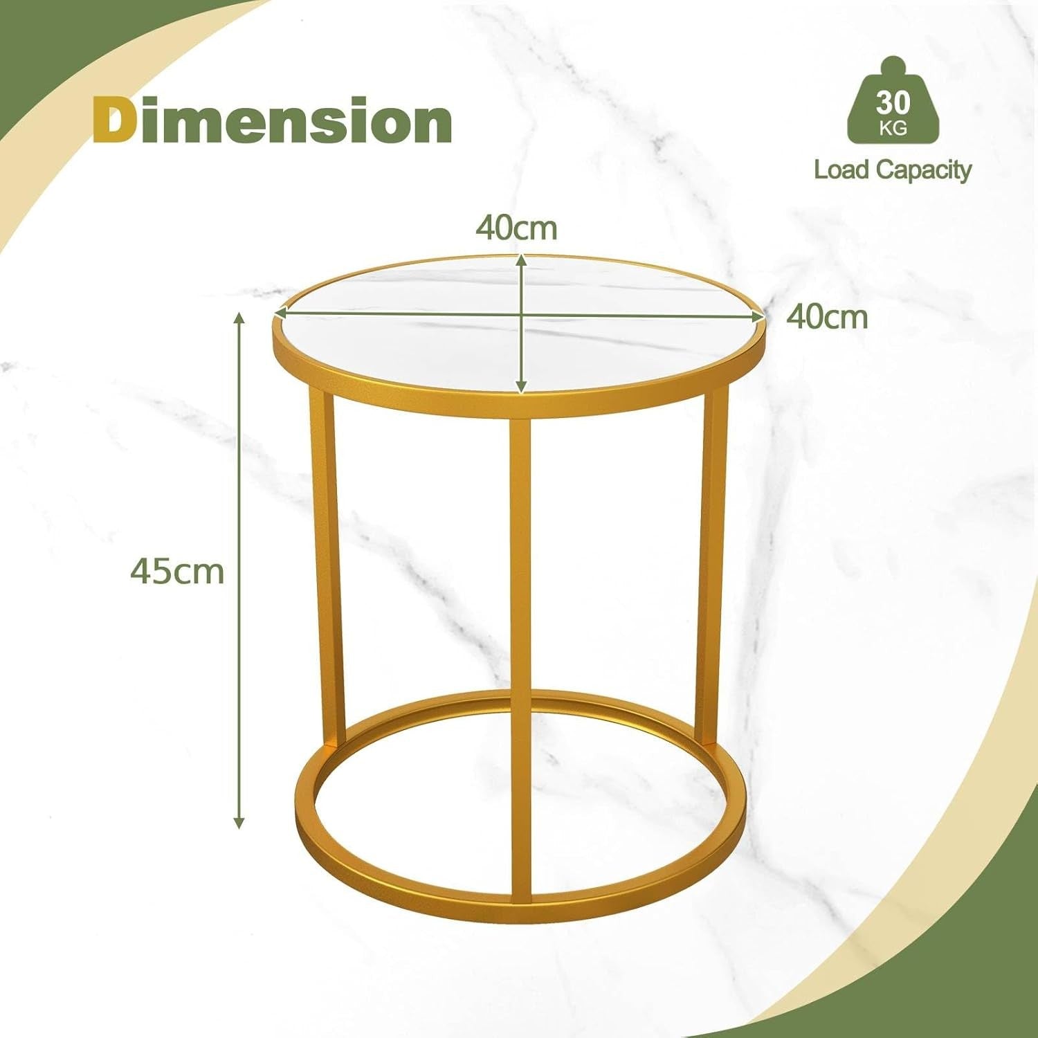 Luxury Marble Top Side Tables Set of 2 – Round Gold Metal Frame Small End Tables
