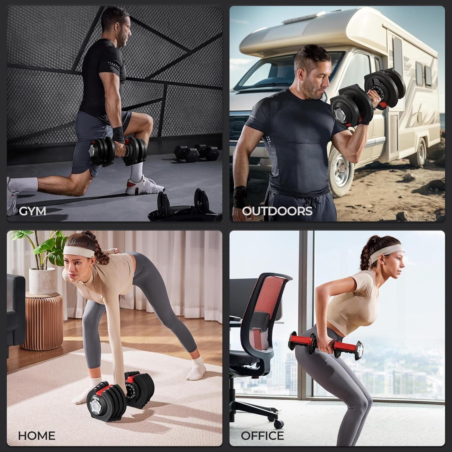Adjustable Dumbbell Pair 18kg 12-Level One-Hand Dial Space-Saving Gym