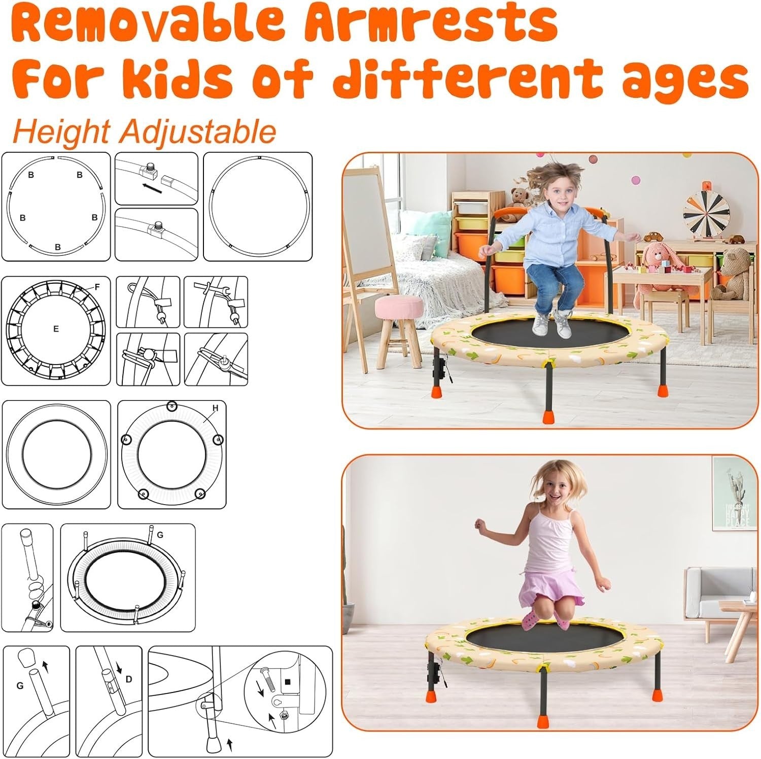 36'' Kids Mini Trampoline Adjustable Handle Safety Pad Indoor Outdoor