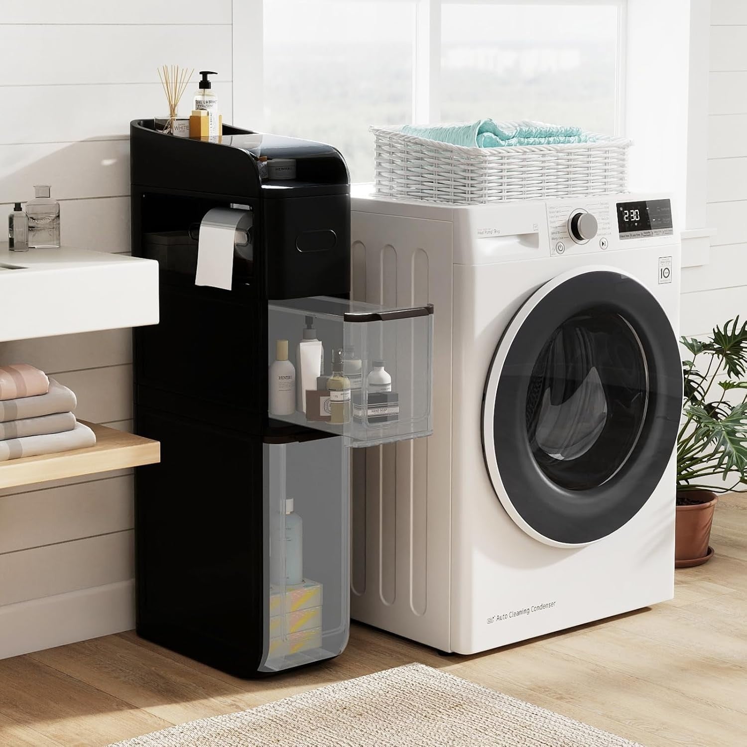 Slim Bathroom Storage Cabinet Rolling Organizer Drawers Black Wheels