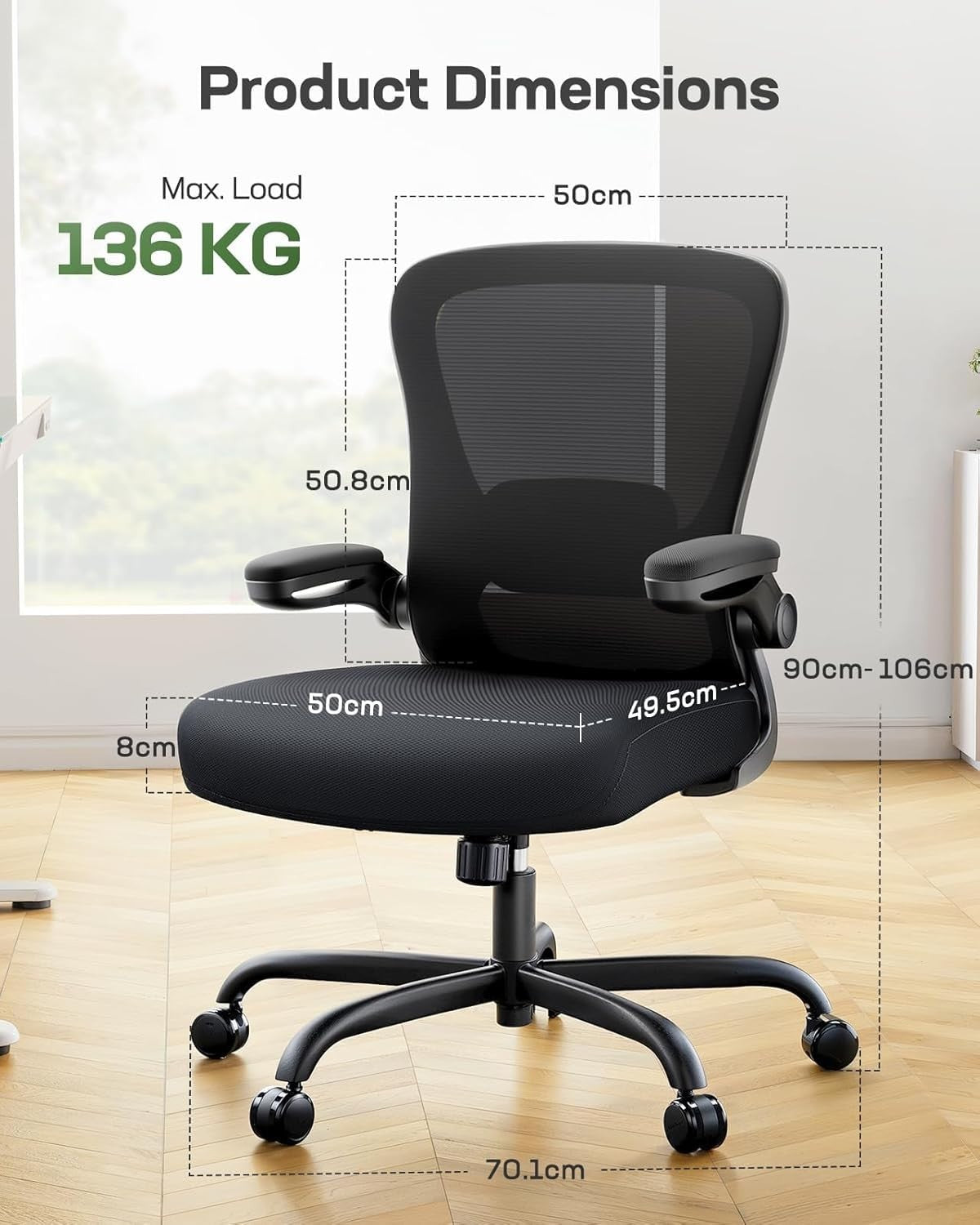 Ergonomic Gaming Office Chair Recliner Flip-Up Arms Lumbar Support Mesh Ebony