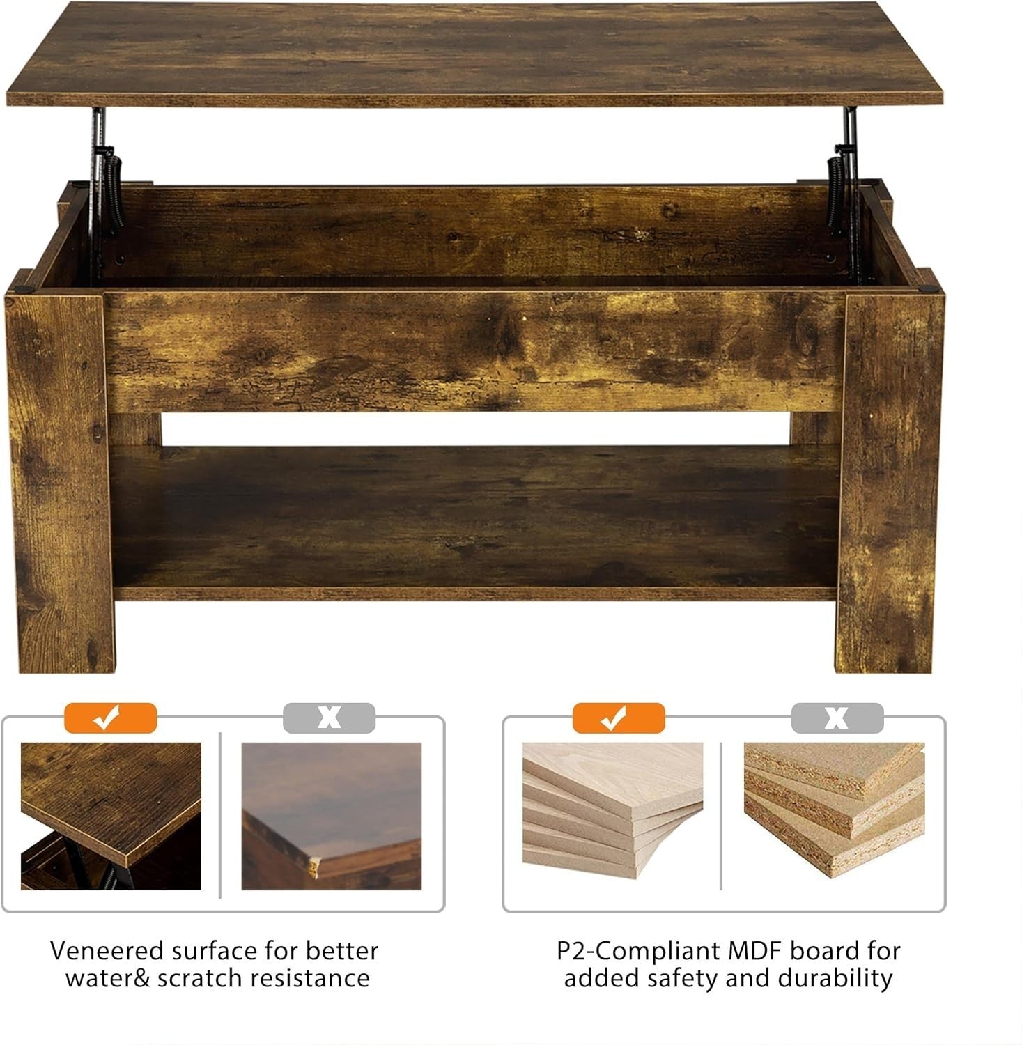 Lift Up Coffee Table with Storage Shelf – Rustic Brown, Hidden Compartment