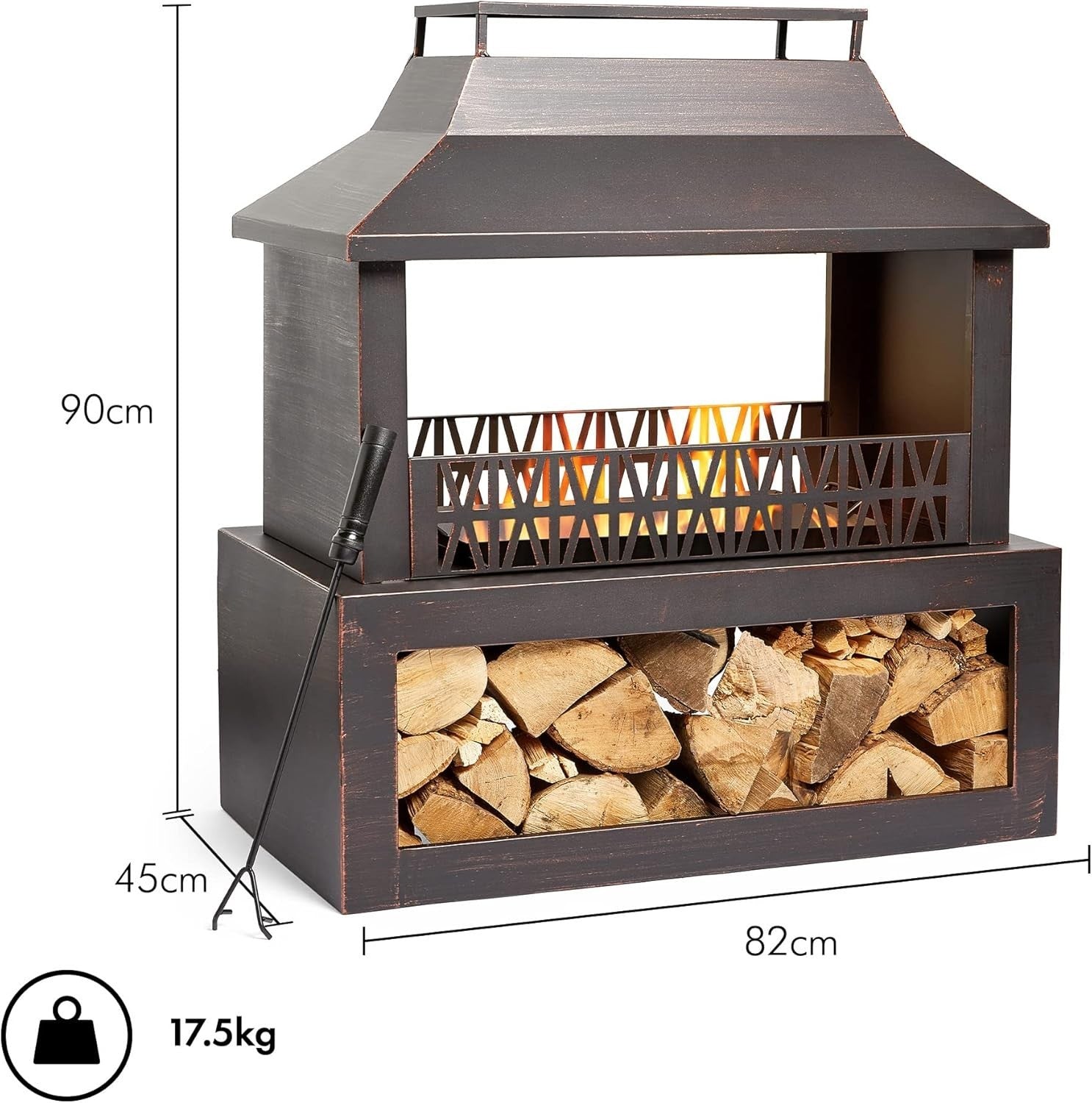 Outdoor Metal Fire Pit Fireplace with Wood Storage & Poker for Garden Patio