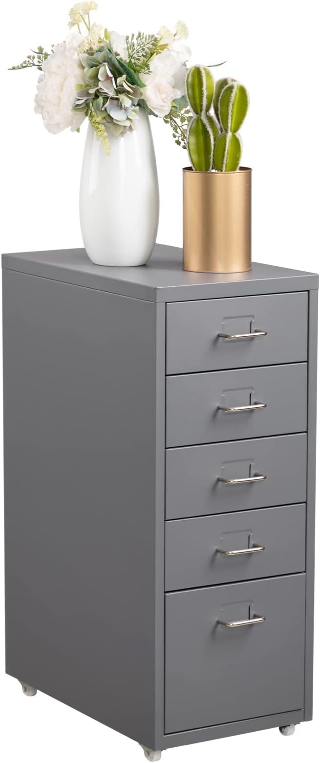 5 Drawer Metal File Cabinet with Wheels, Under Desk Office Storage Unit, Rolling