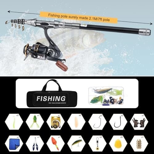 Telescopic Fishing Rod & Reel Kit 2.1m Spinning Pole with Lures & Bag