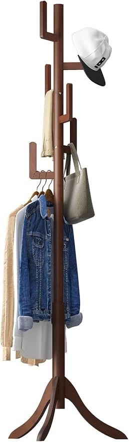 Brown Bamboo Coat Rack Freestanding 6 Hooks | Adjustable Wooden Hall Tree