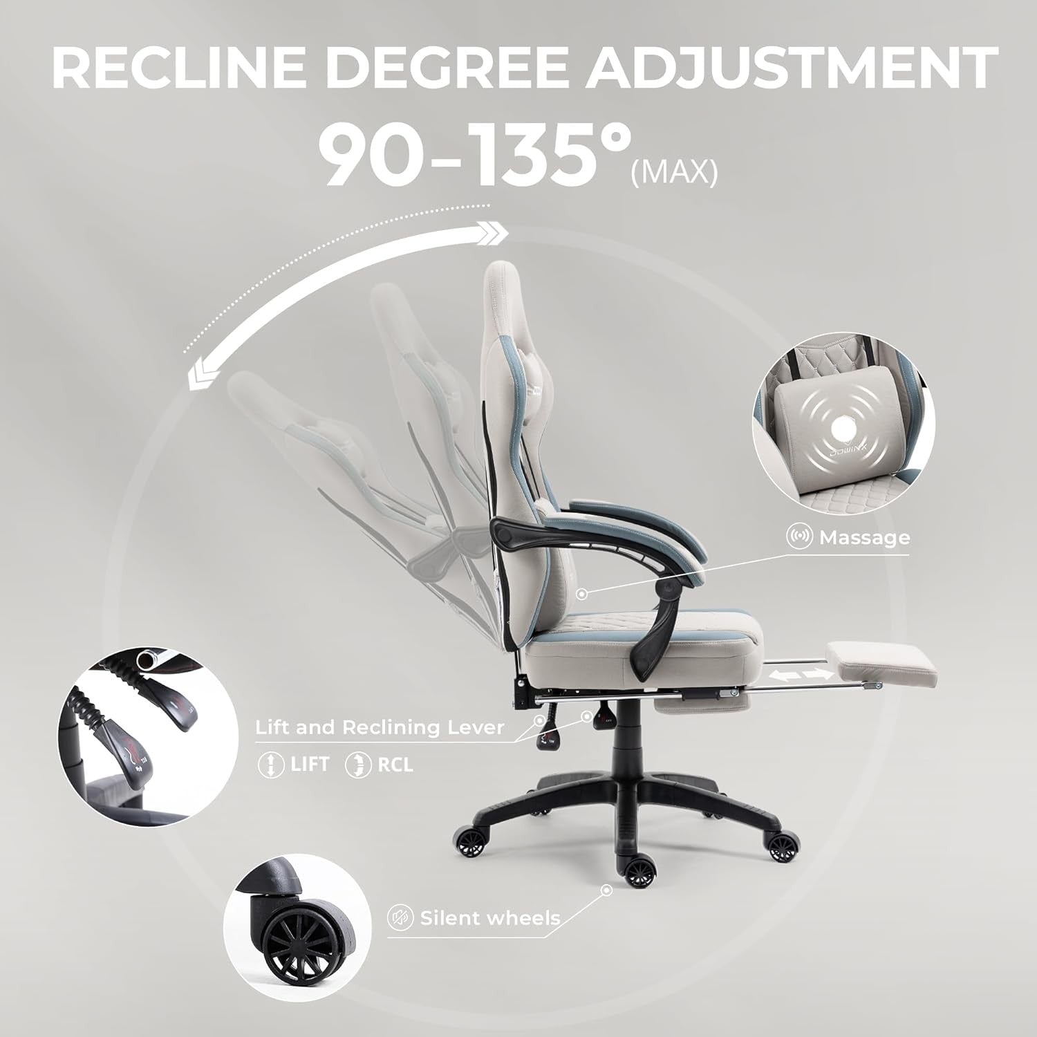 Massage Gaming Chair Fabric Recliner w/ Footrest 150kg Grey
