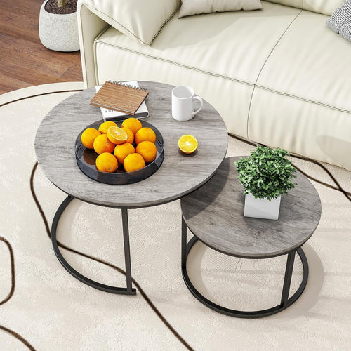 Set of 2 Stacking Coffee Tables, End Side Table Set, Round, Black-Grey, Wood Top