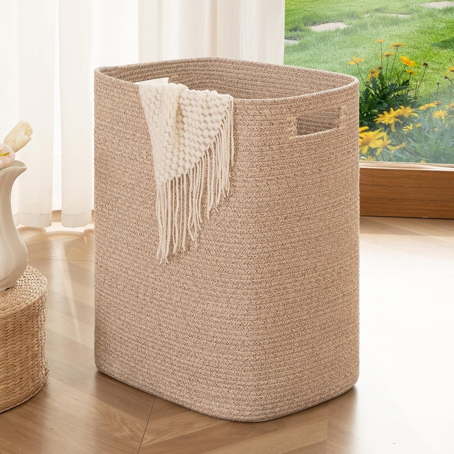 Large Woven Laundry Basket with Handles 16x13x22in Cotton Storage Hamper