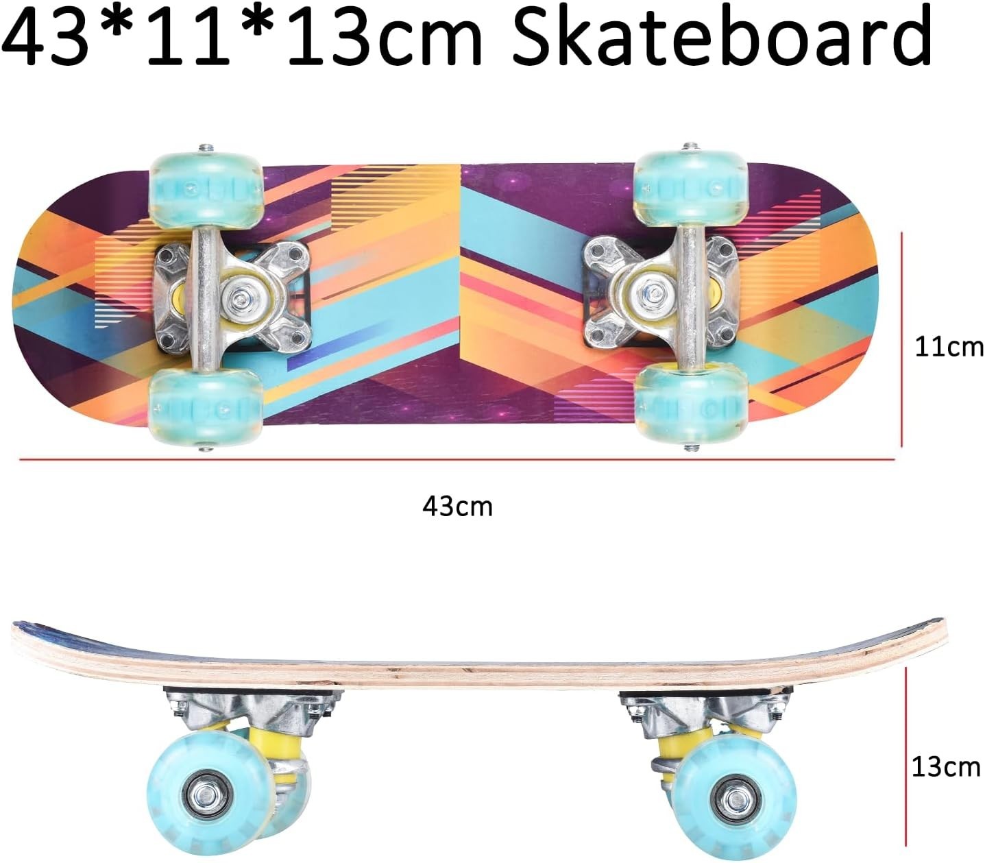 17 Inch Mini Skateboard, Light Up Wheels Kids Beginner Double Kick T Tool
