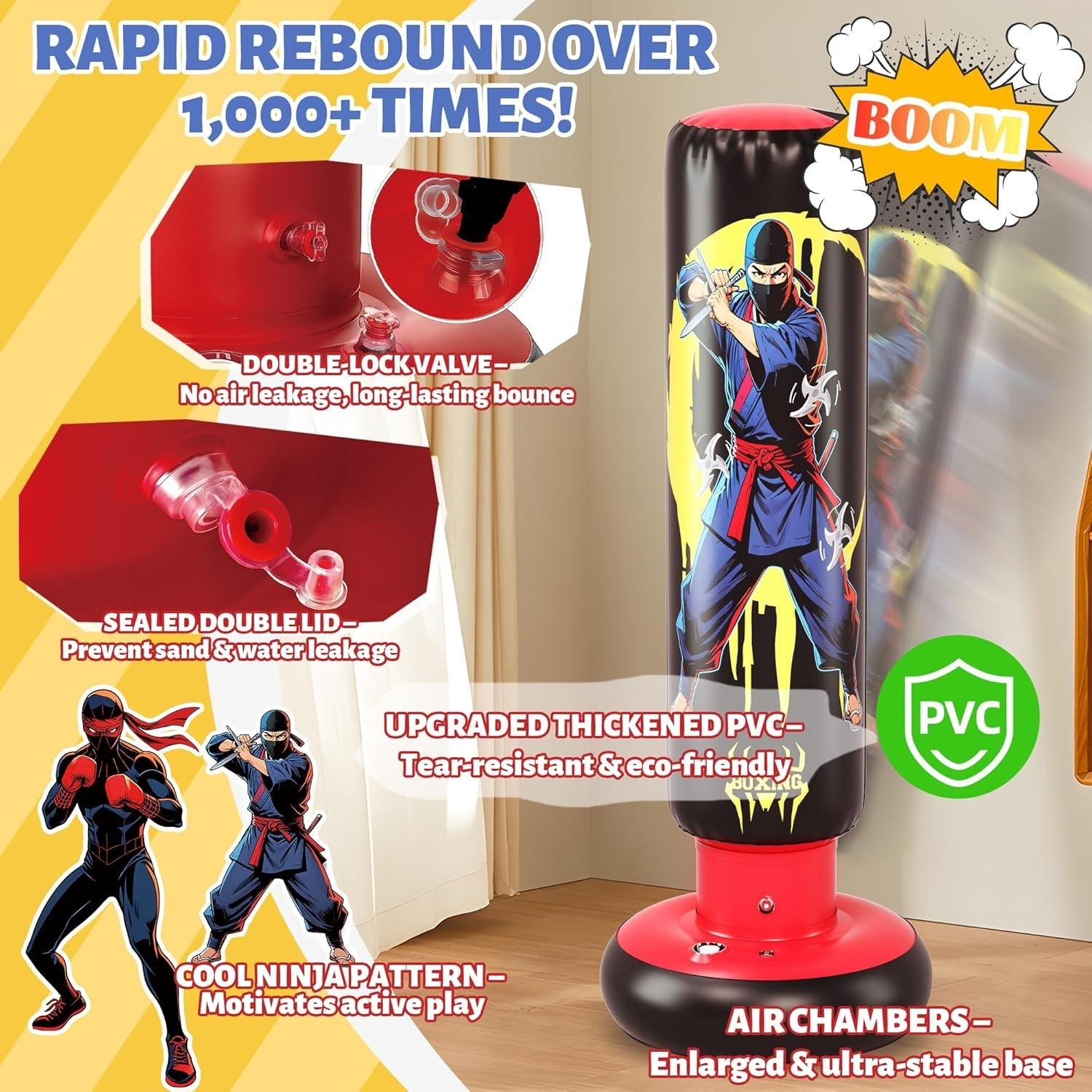 Kids Inflatable Punching Bag 66” Boxing Karate Toy Gloves Set