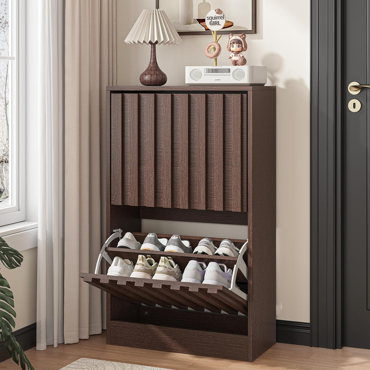 Slim Wooden Shoe Storage Cabinet 2 Flip Drawers Ventilated Modern Unit Walnut