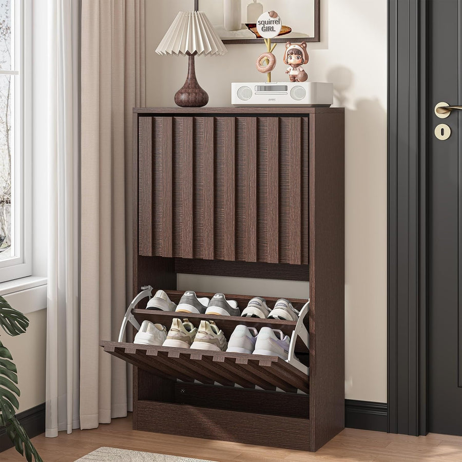 Slim Wooden Shoe Storage Cabinet 2 Flip Drawers Ventilated Modern Unit Walnut