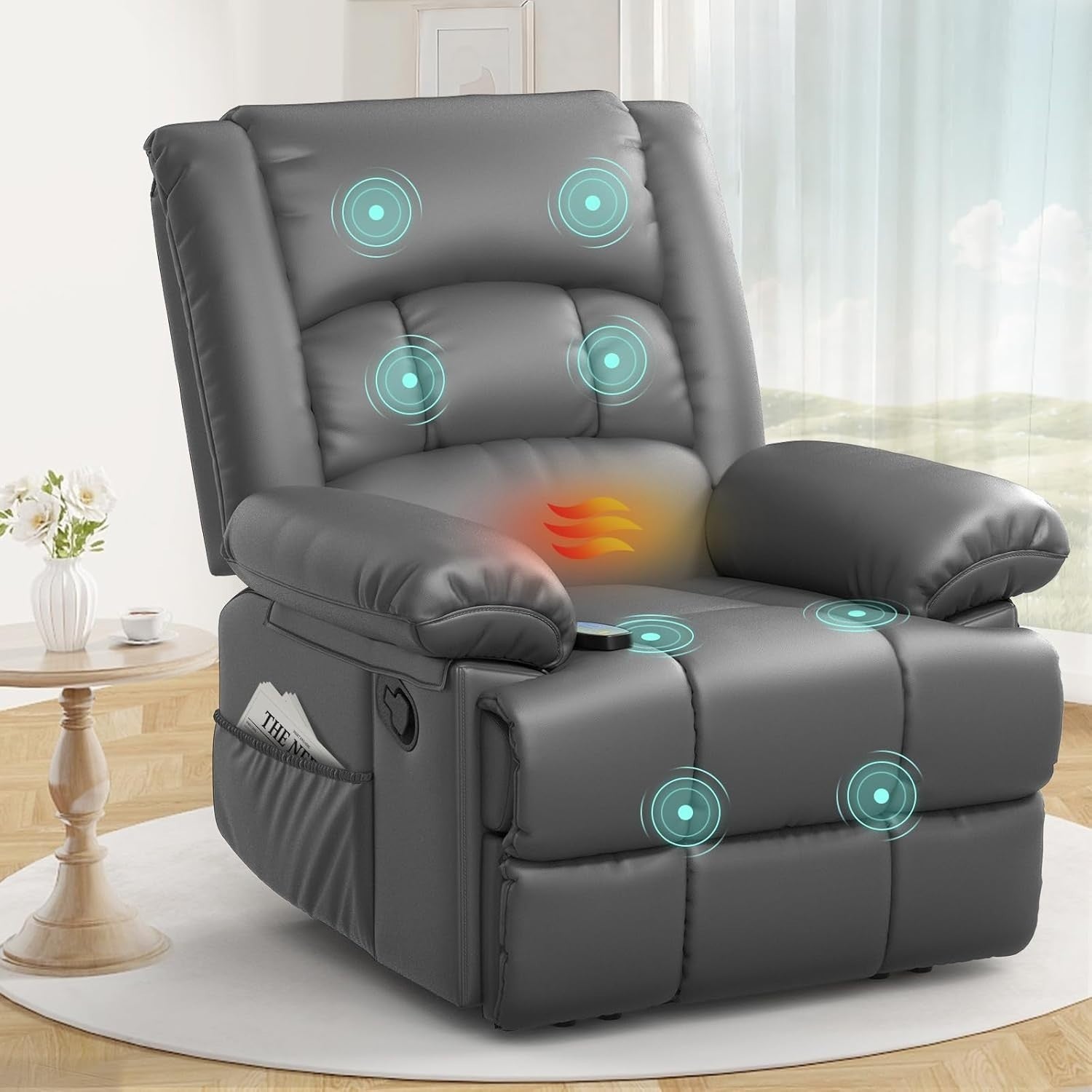 PU Grey Recliner Armchair Massage Heat Sofa Chair Adjustable Backrest Legrest