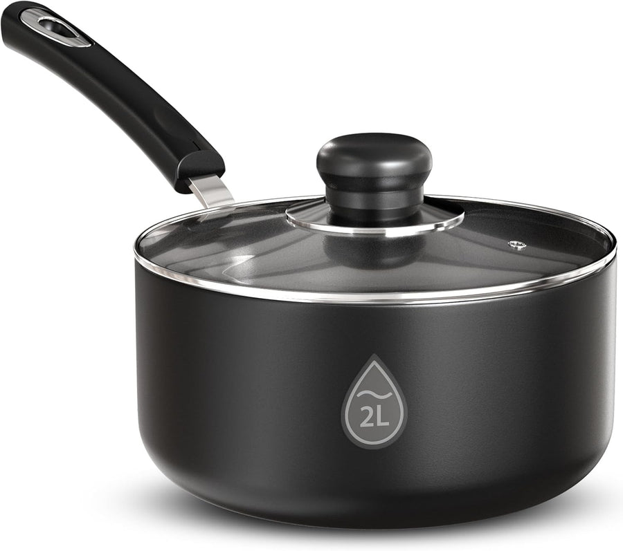 18cm Black Non-Stick Saucepan with Glass Lid, 2L Induction Milk Pan